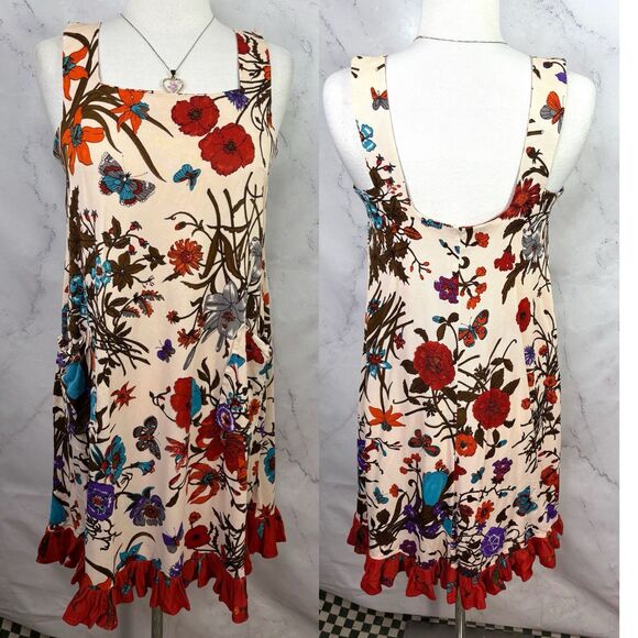 Vintage 60s Butterfly Shift Dress SZ M Red Floral Psychedelic Ruffled 1960s - Picture 1 of 16